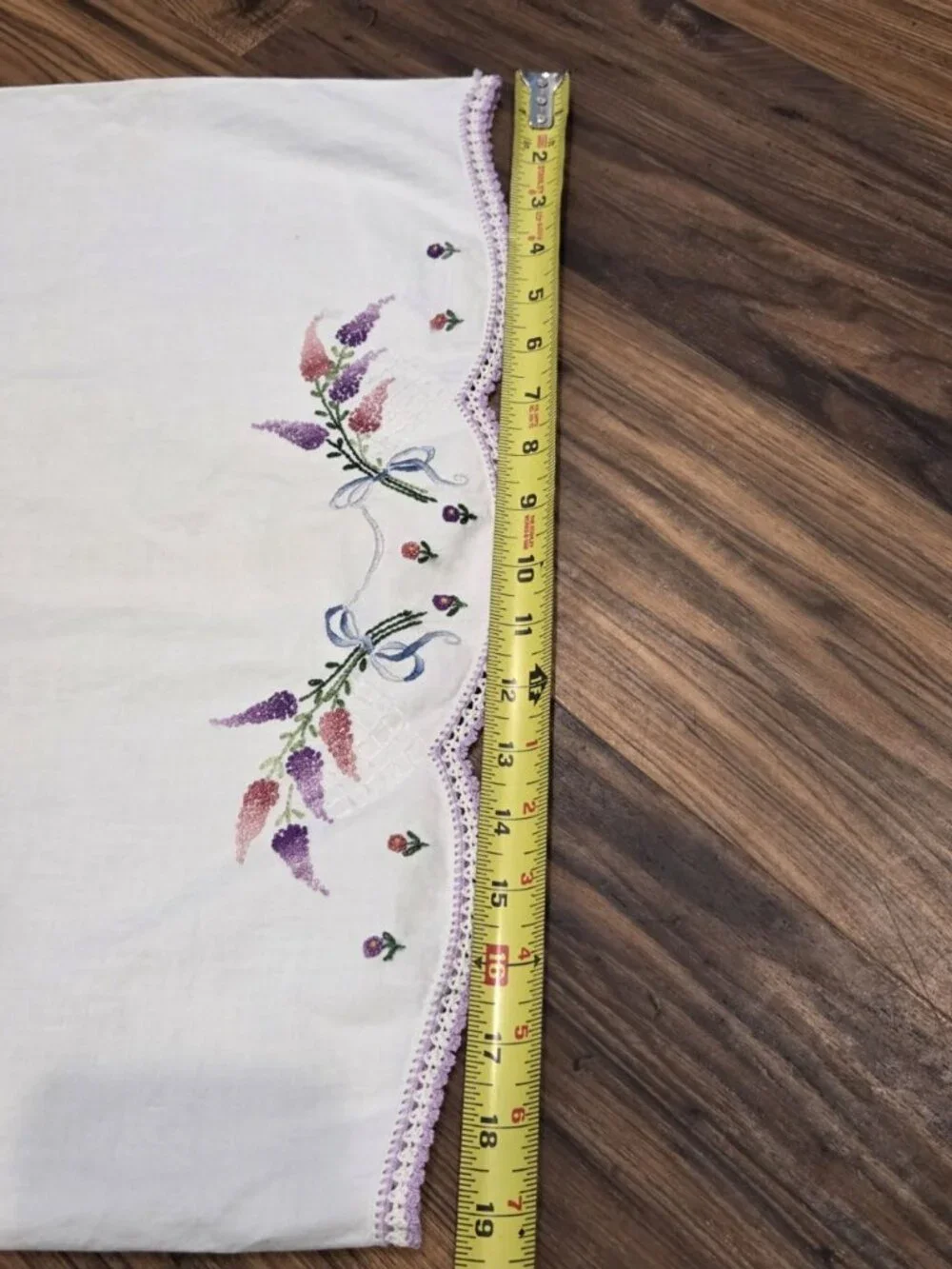 Vtg Hand Embroidered Pillowcase Floral Basket Lavender Scalloped Crochet